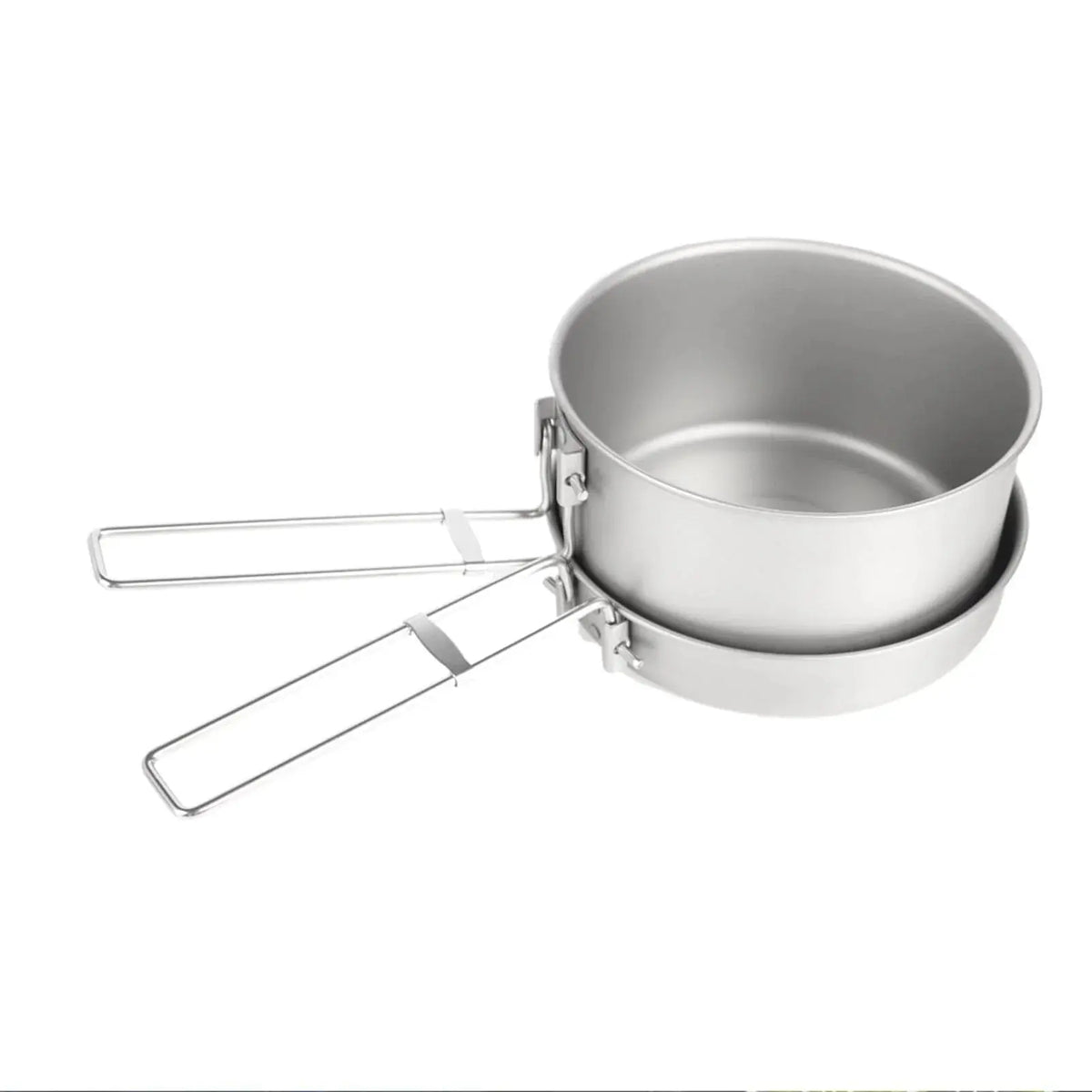 SilverAnt Titanium Camping Cookware Set - 1.6L stacked with foldable handles, ideal for lightweight outdoor cooking.