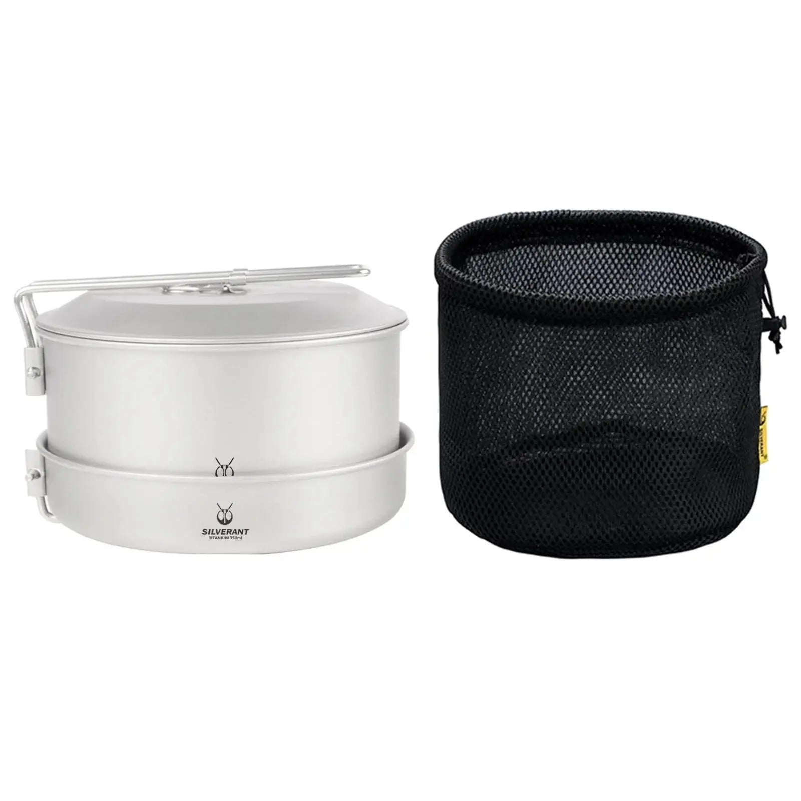 Nested SilverAnt Titanium Camping Cookware Set stored inside its mesh drawstring bag