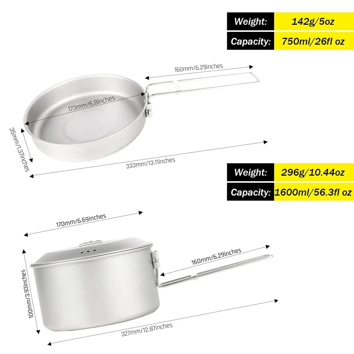 SilverAnt Titanium Camping Cookware Set - 1.6L showing dimensions and weight, perfect for lightweight outdoor cooking.