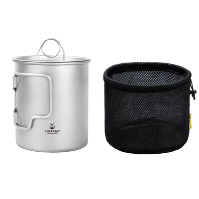SilverAnt Ultralight Titanium Cup with Lid and black carry pouch for outdoor adventures.
