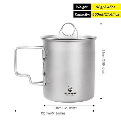 SilverAnt Ultralight Titanium Cup with Lid, 500ml capacity, 98g weight, essential for UAE outdoor adventures.