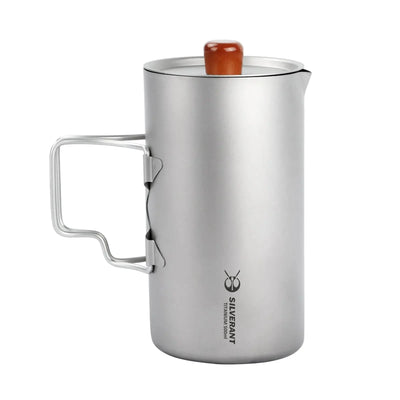 SilverAnt Ultralight Titanium Coffee French Press fully assembled for camping.