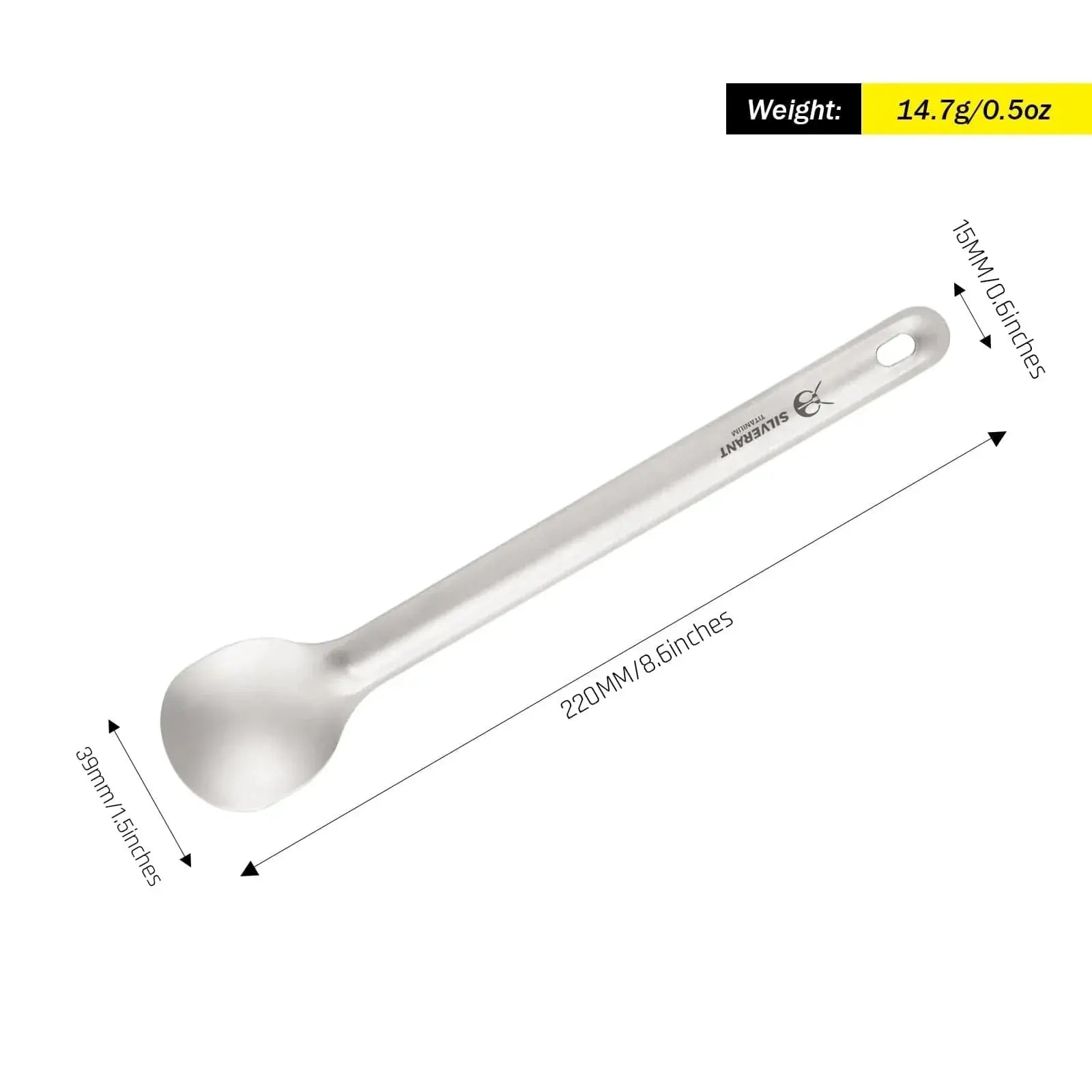 SilverAnt Long Handle Titanium Spoon lightweight camping utensil, ideal for outdoor adventures, weighing 14.7g and measuring 8.6 inches.