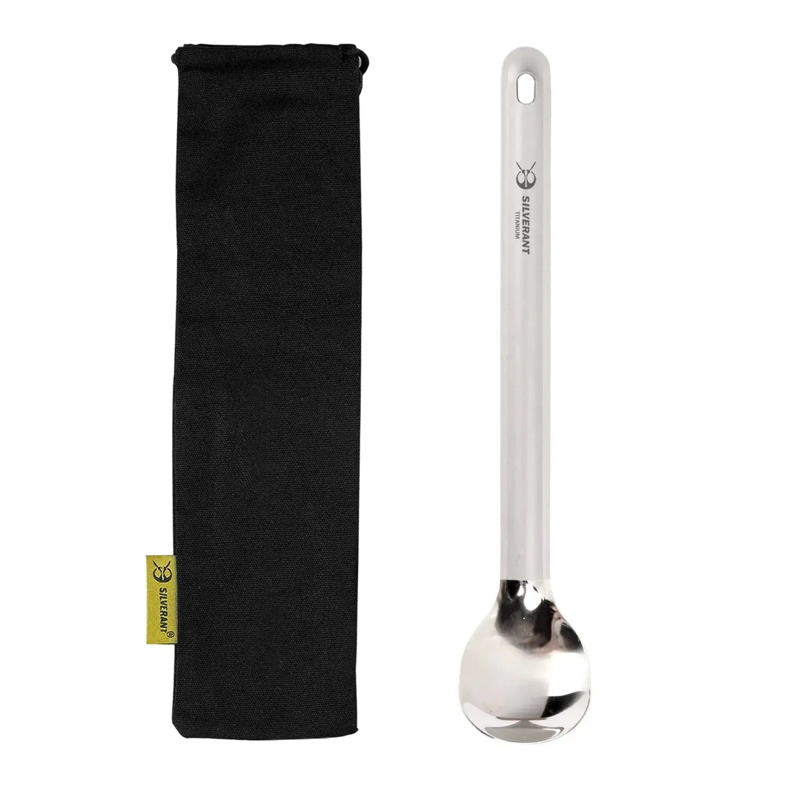 SilverAnt Long Handle Titanium Spoon packed alongside its drawstring bag