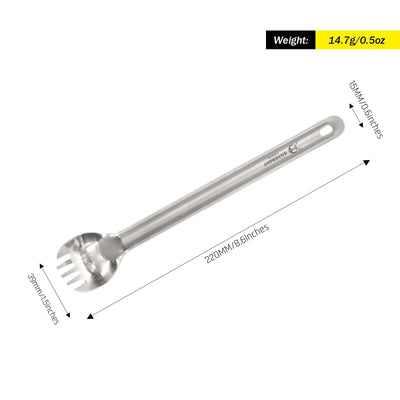SilverAnt Long Handle Titanium Spork with measurements and weight details.
