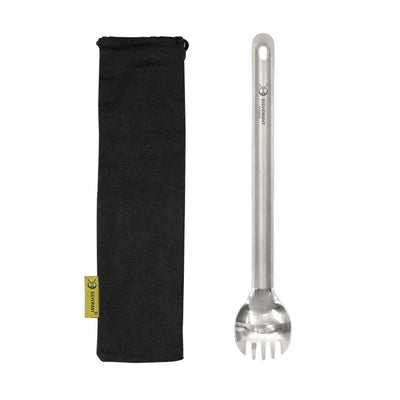 SilverAnt Long Handle Titanium Spork inside its drawstring storage bag