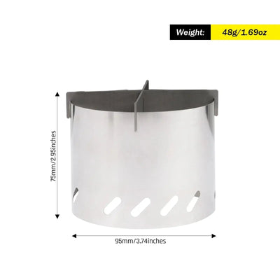 SilverAnt Ultralight Titanium Stove Cross Stand and Windshield with dimensions and weight displayed.