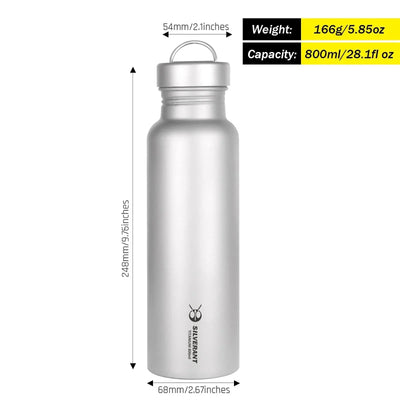 SilverAnt Round Titanium Water Bottle - 27 oz / 800 ml with dimensions and capacity displayed.