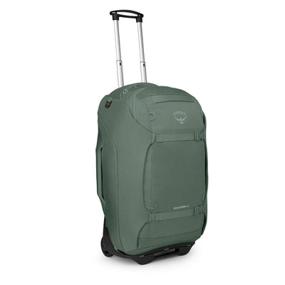 Osprey Sojourn Shuttle Wheeled Duffel 25"/60L with oversized wheels and HighRoad chassis for easy travel.