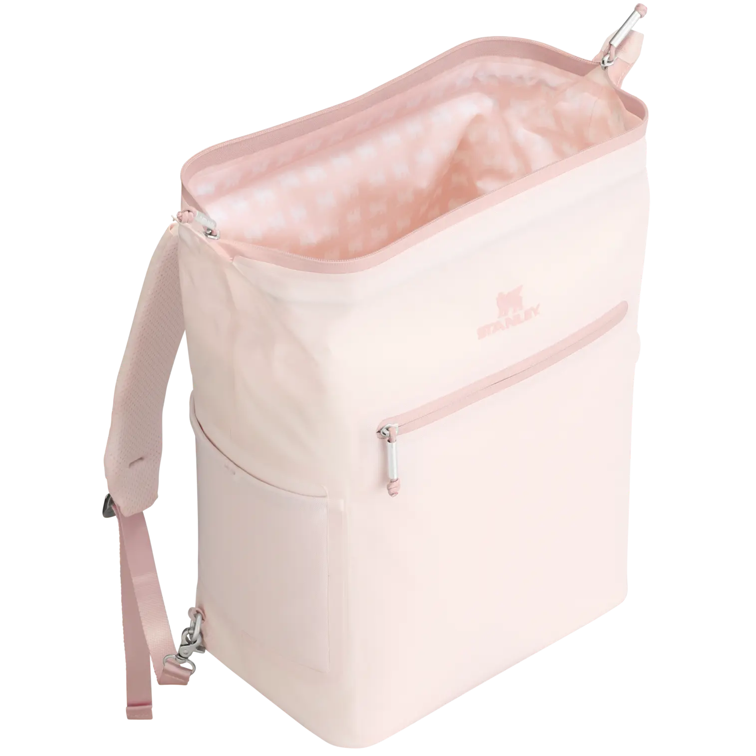 Stanley All Day Madeleine Midi Cooler Backpack 14L open hinge top showing interior - Rose Quartz Color