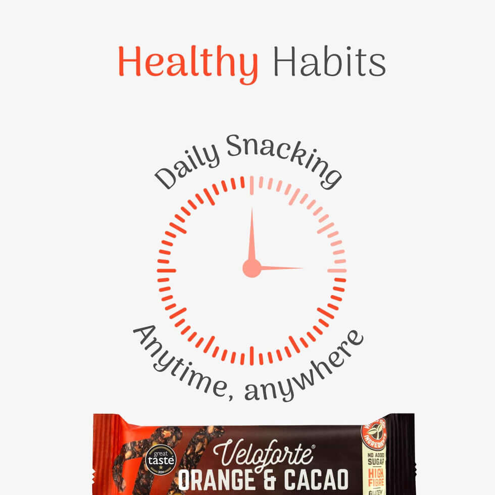 Veloforte Orange and Cacao Oat Snack Bar showcasing healthy habits for daily snacking anytime, anywhere.