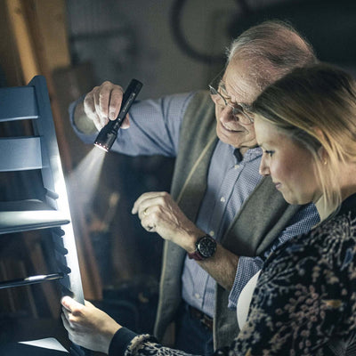 P6R flashlight used by a man and woman inspecting a project in a dimly lit workshop.