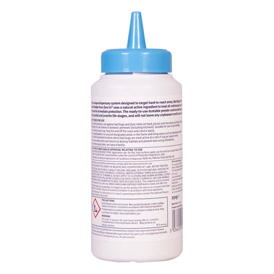 Back view of STV Bed Bug and Dust Mite Killer Powder Treatment bottle, showcasing detailed product information.